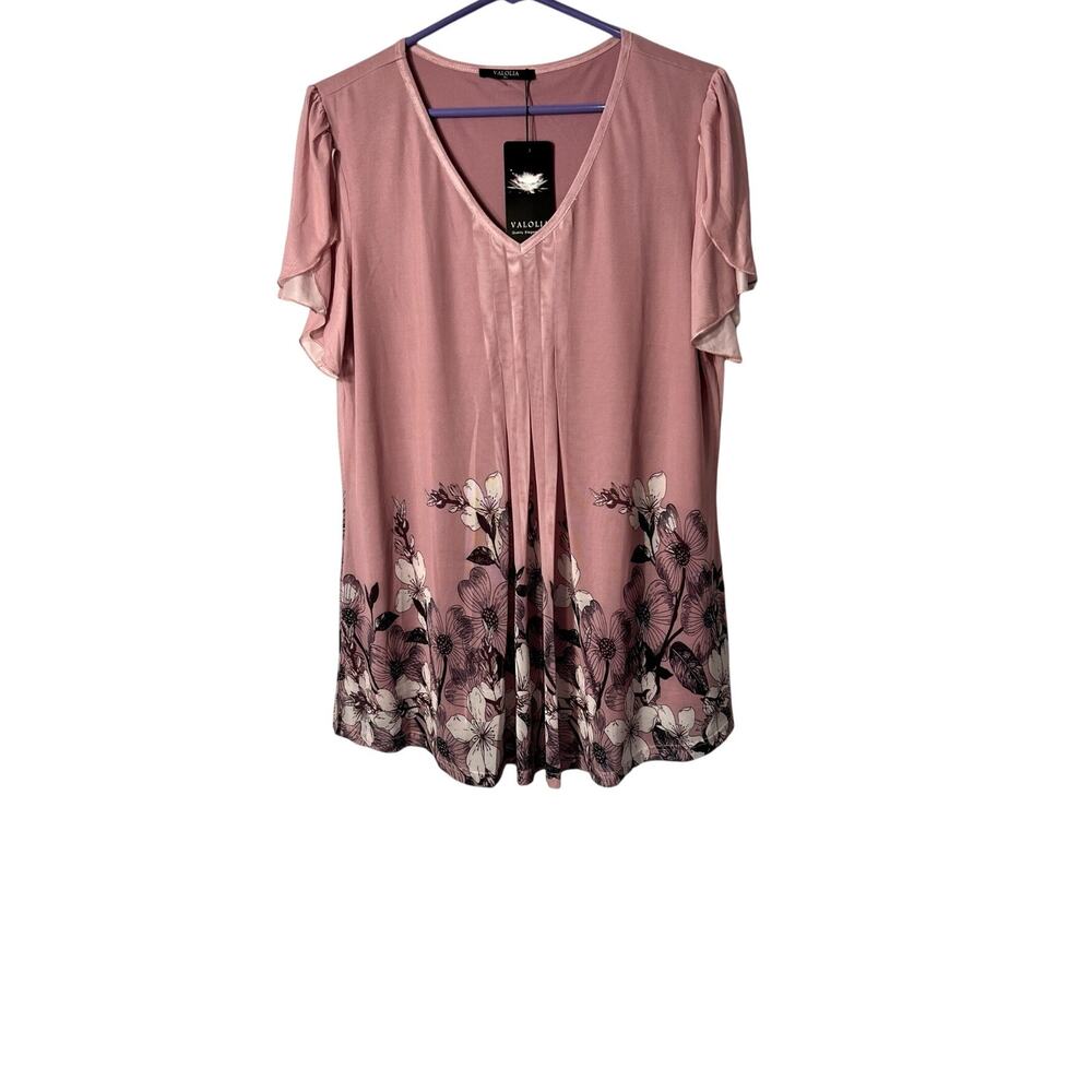 Valolia Top Womens Size XL Rose Pink Tunic Floral Short Sleeve Sheer Lined NWT